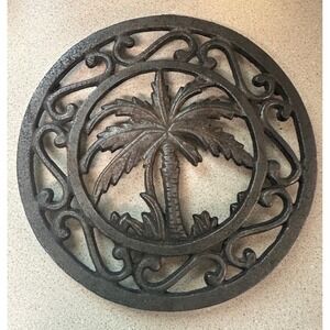 Vintage Cast Iron Palm Tree Trivet Round Scrollwork Tropical Coastal 6.75in